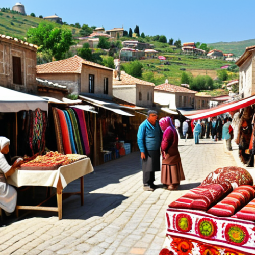 Home 11 ** A vibrant Turkish village bazaar scene. Focus on colorful handmade crafts, traditional Turkish textiles, and local food vendors. Show villagers interacting and showcasing their unique products. In the background, have a stunning view of the Turkish countryside.
**