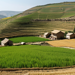 **

A panoramic view of rural Anatolia featuring traditional farming practices. Depict terraced fields with crops like wheat and barley, showcasing the "nadas" (fallow) method. In the background, a small village with stone houses blends into the landscape. The image should convey a sense of harmony between people and nature, reflecting the region's agricultural heritage.

**
