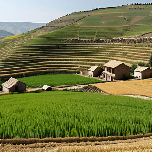 Home 6 **
A panoramic view of rural Anatolia featuring traditional farming practices. Depict terraced fields with crops like wheat and barley, showcasing the "nadas" (fallow) method. In the background, a small village with stone houses blends into the landscape. The image should convey a sense of harmony between people and nature, reflecting the region's agricultural heritage.
**